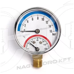   0-16 BAR 0-120Cˇ, MANOMÉTER/NYOMÁSMÉRŐ ÓRA HŐMÉRŐVEL, 63mm ALSÓ 1/4" KIVEZETÉSSEL