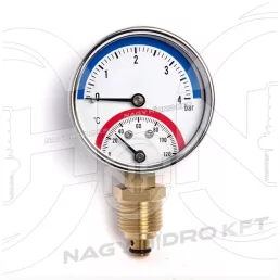   0-4 BAR 0-120Cˇ, MANOMÉTER/NYOMÁSMÉRŐ ÓRA HŐMÉRŐVEL, 63mm ALSÓ 1/4" KIVEZETÉSSEL