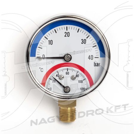 0-40 BAR 0-120Cˇ, MANOMÉTER/NYOMÁSMÉRŐ ÓRA HŐMÉRŐVEL, 63mm ALSÓ 1/4" KIVEZETÉSSEL