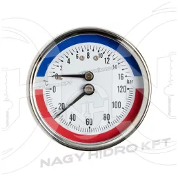   0-16 BAR 0-120Cˇ, MANOMÉTER/NYOMÁSMÉRŐ ÓRA HŐMÉRŐVEL, 63mm HÁTSÓ 1/4" KIVEZETÉSSEL