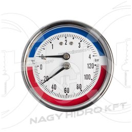 0-4 BAR 0-120Cˇ, MANOMÉTER/NYOMÁSMÉRŐ ÓRA HŐMÉRŐVEL, 63mm HÁTSÓ 1/4" KIVEZETÉSSEL - MANH-63H-04-0120